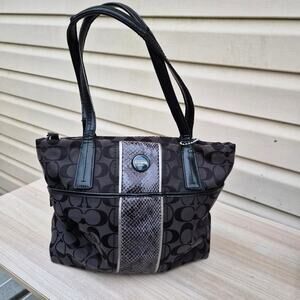 Coach Signature Stripe Python Tote Black Gray Jacquard Handbag F25706